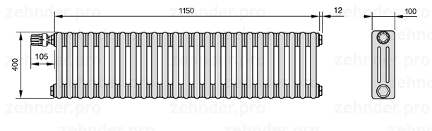 Схема (чертеж) Радиатор Zehnder Charleston 3040/25 №V012 Белый глянцевый RAL 9016